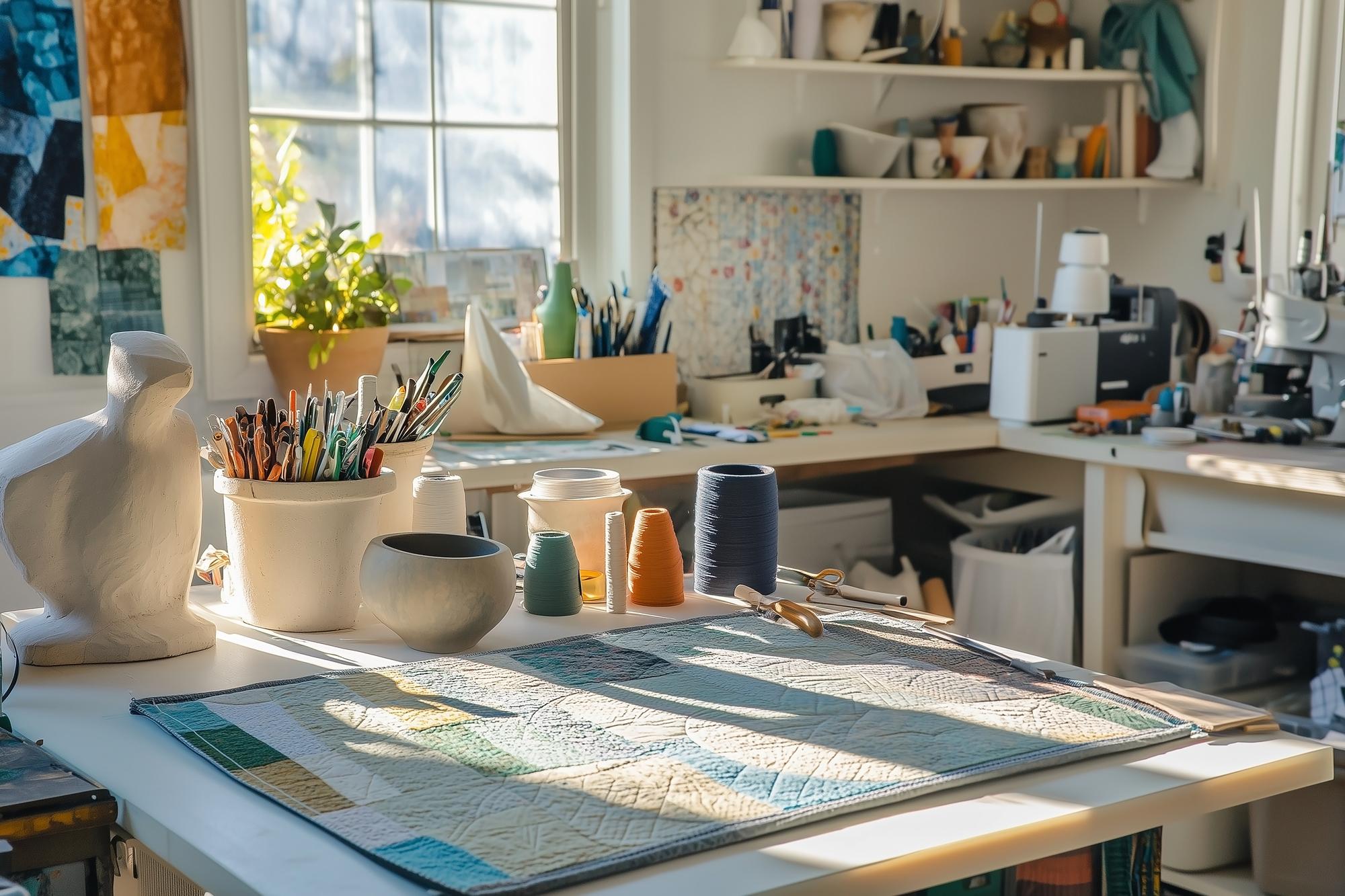 Vista interna dell'atelier con macchina da ricamo